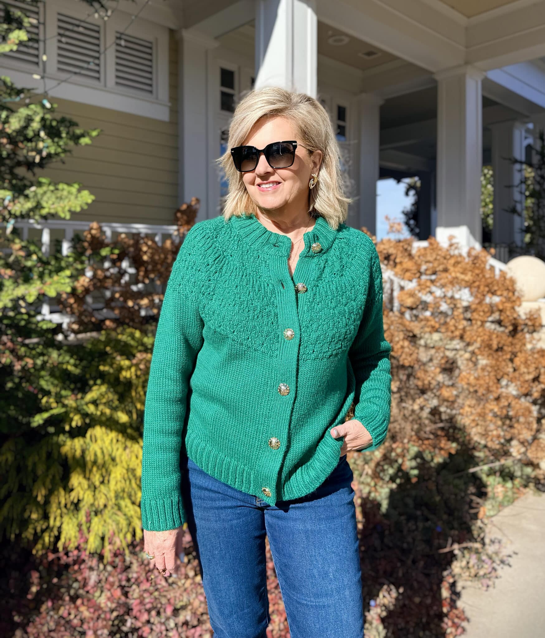 Tania in a green cardigan from Talbots