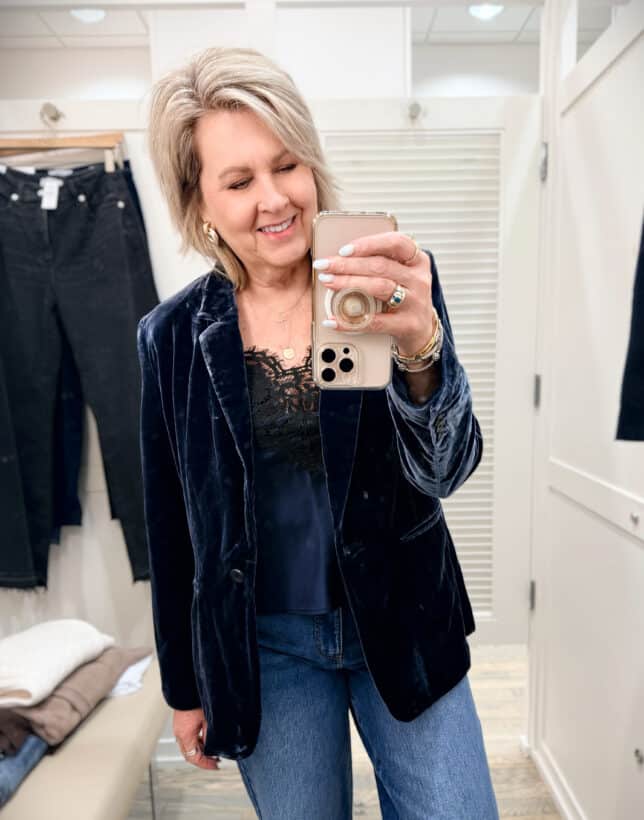 Tania doing a Loft try-on haul in a deep blue velvet blazer