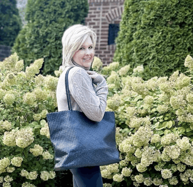 Quince Italian Leather Handwoven Tote in black, styled for everyday wear