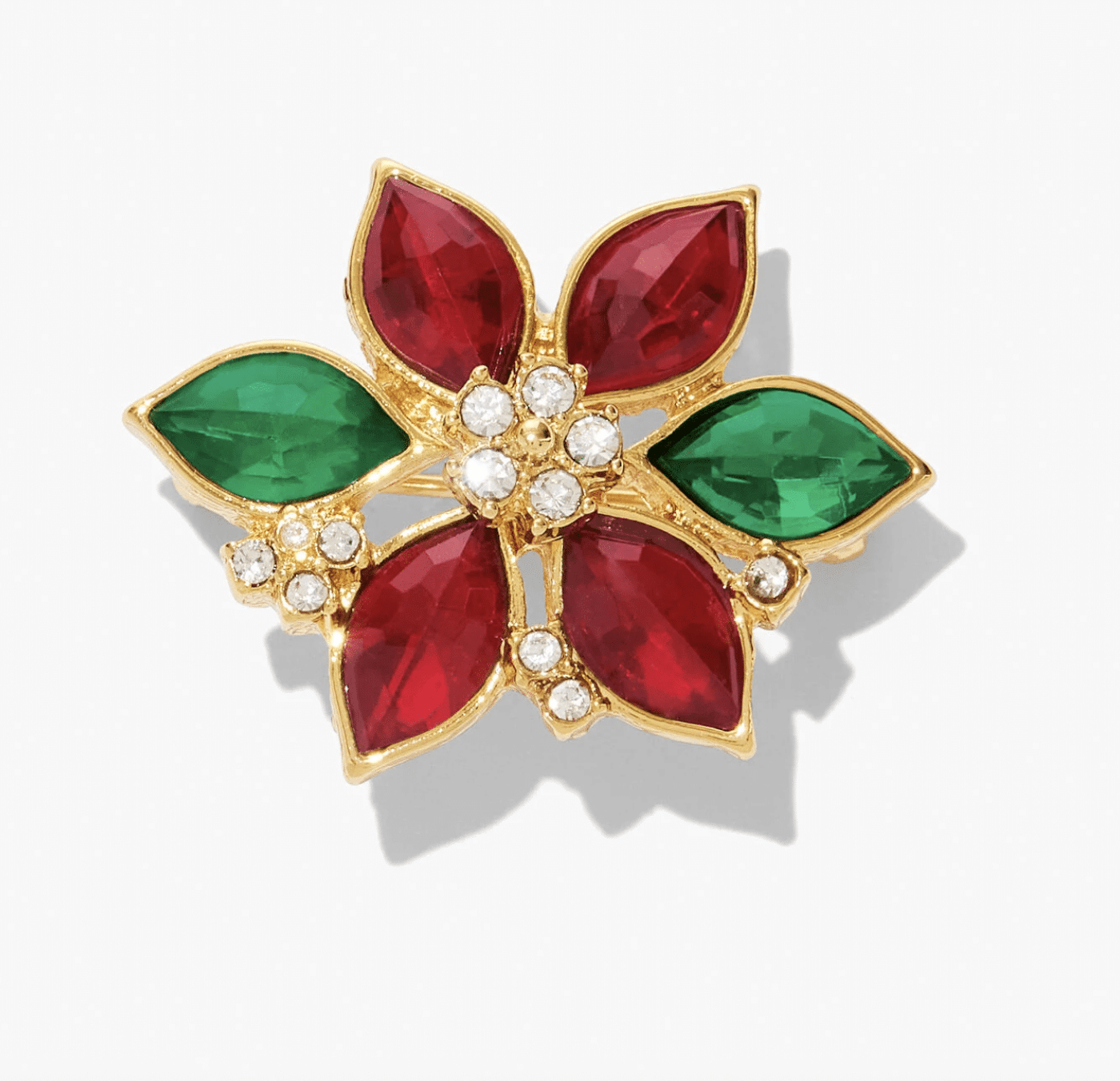 poinsettia brooch with red petals and gold accents