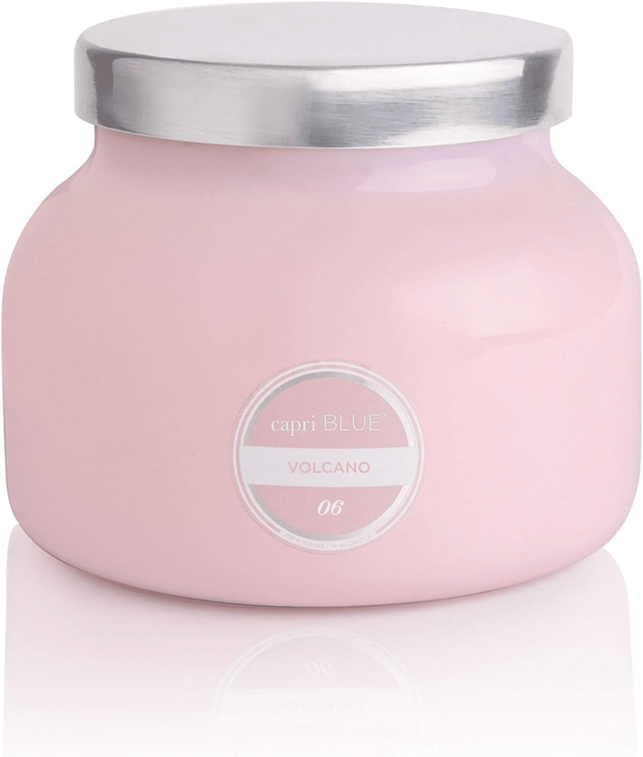 Capri Blue Volcano candle in a pink glass jar with tropical and citrus scent notes