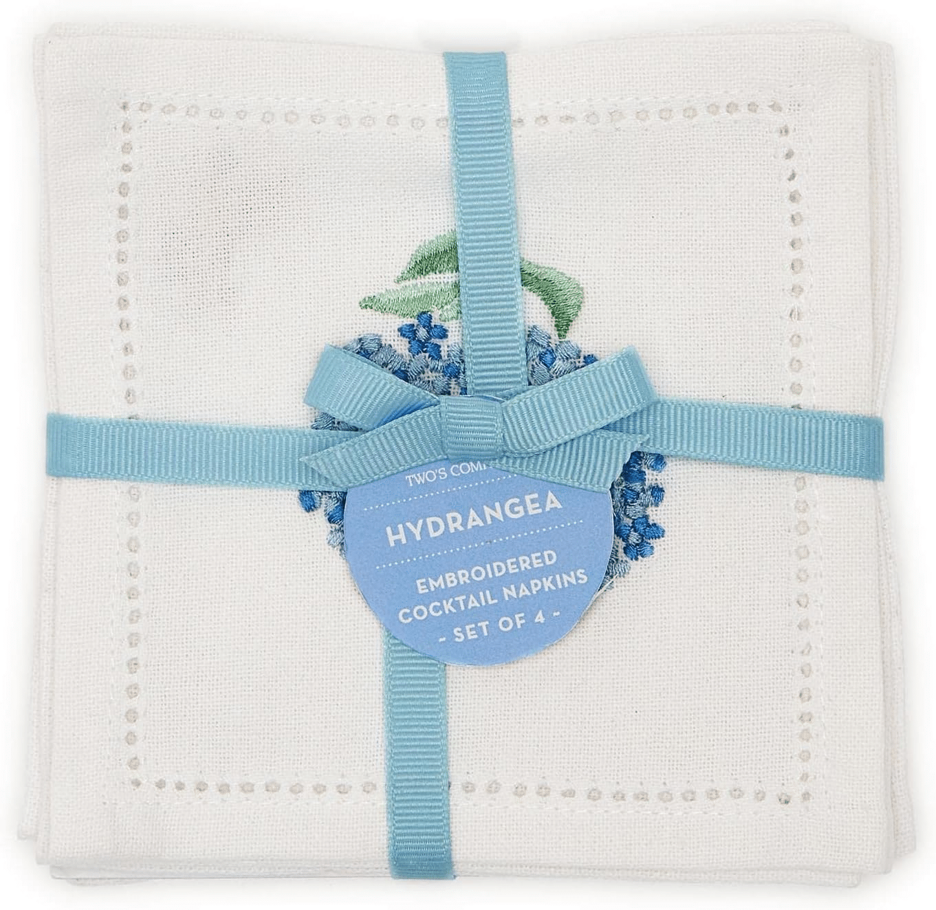 Set of six white hemstitch cocktail napkins with blue hydrangea embroidery by Two’s Company.