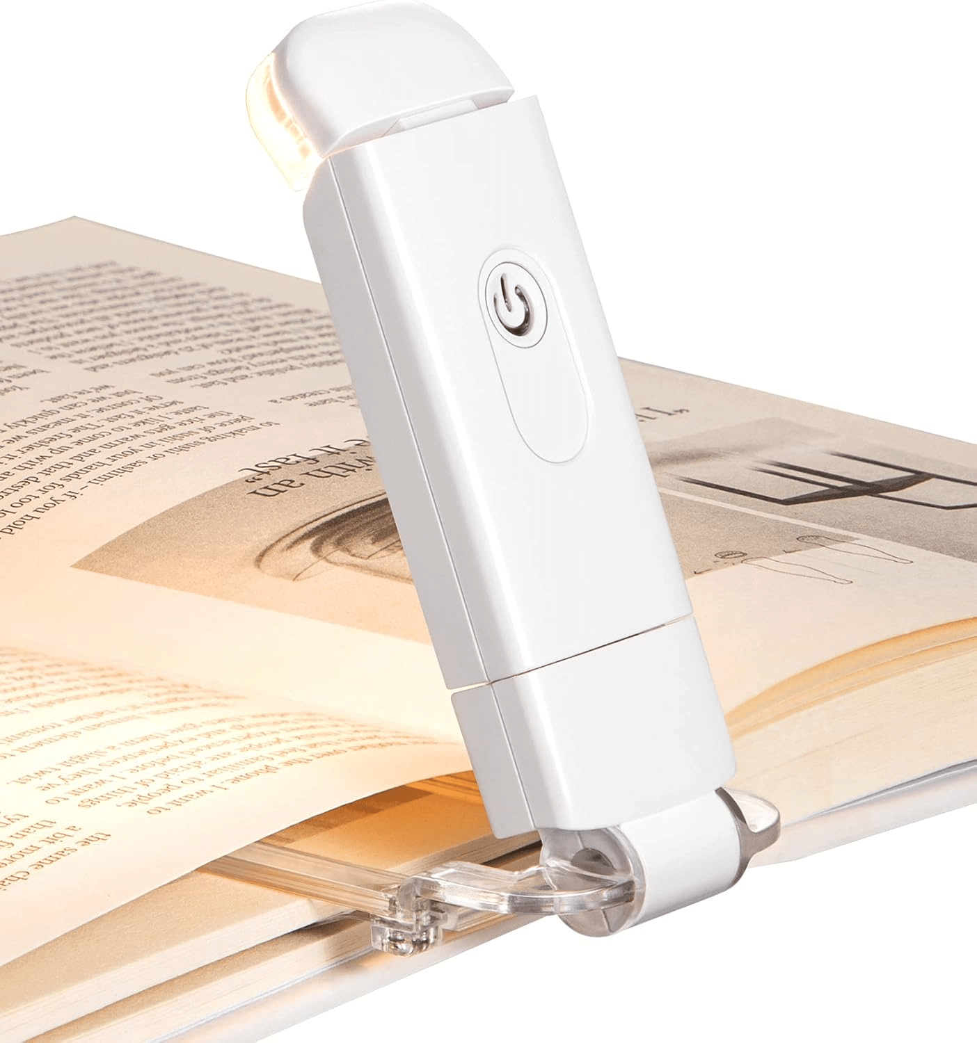 USB rechargeable clip-on reading light in warm white with adjustable brightness.