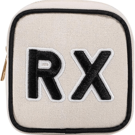 Beige canvas mini makeup or medicine bag with chenille “Rx” letter patch and gold zipper.
