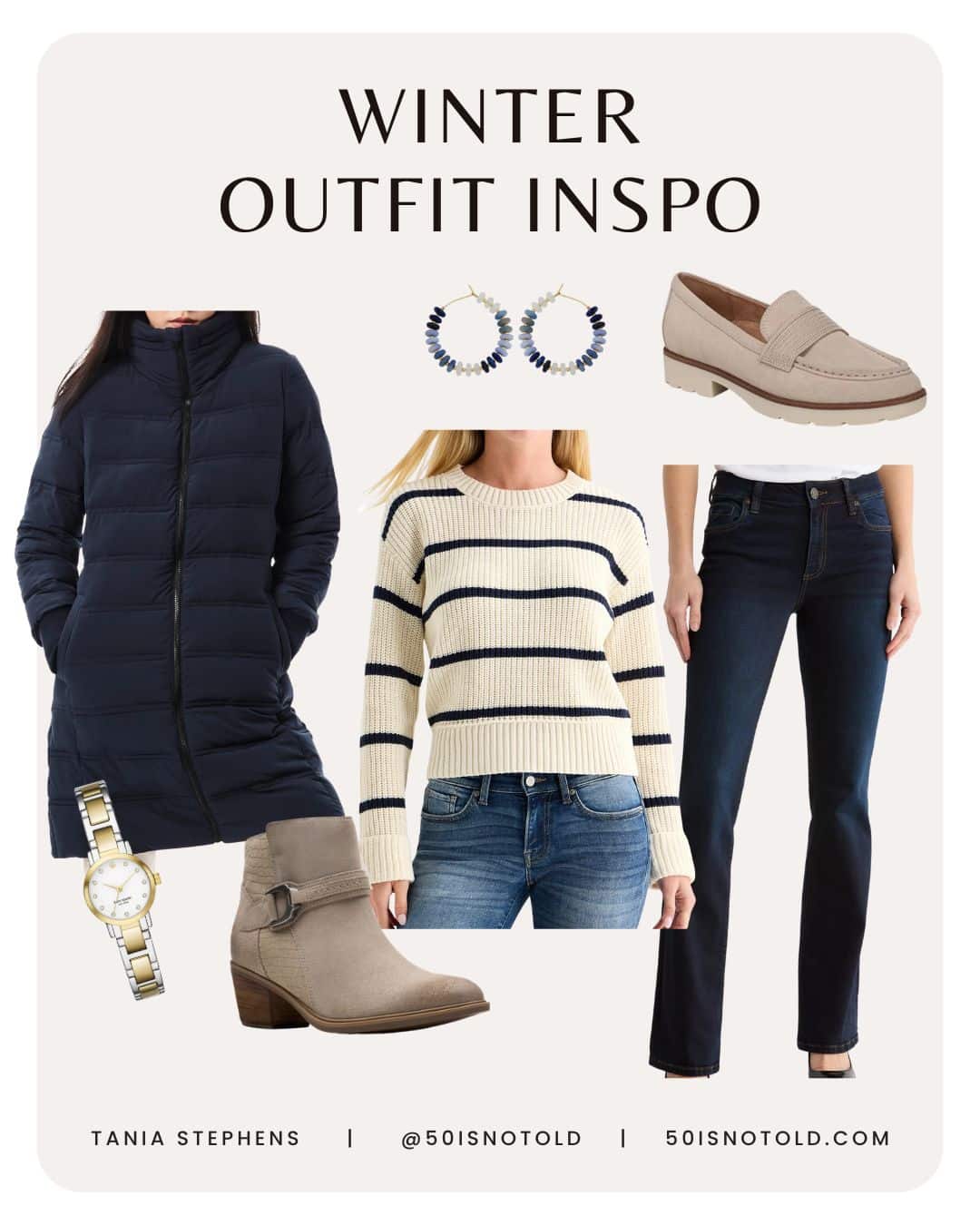 Casual winter outfit with a navy puffer jacket, striped knit sweater, dark wash bootcut jeans, neutral ankle boots, and simple accessories.