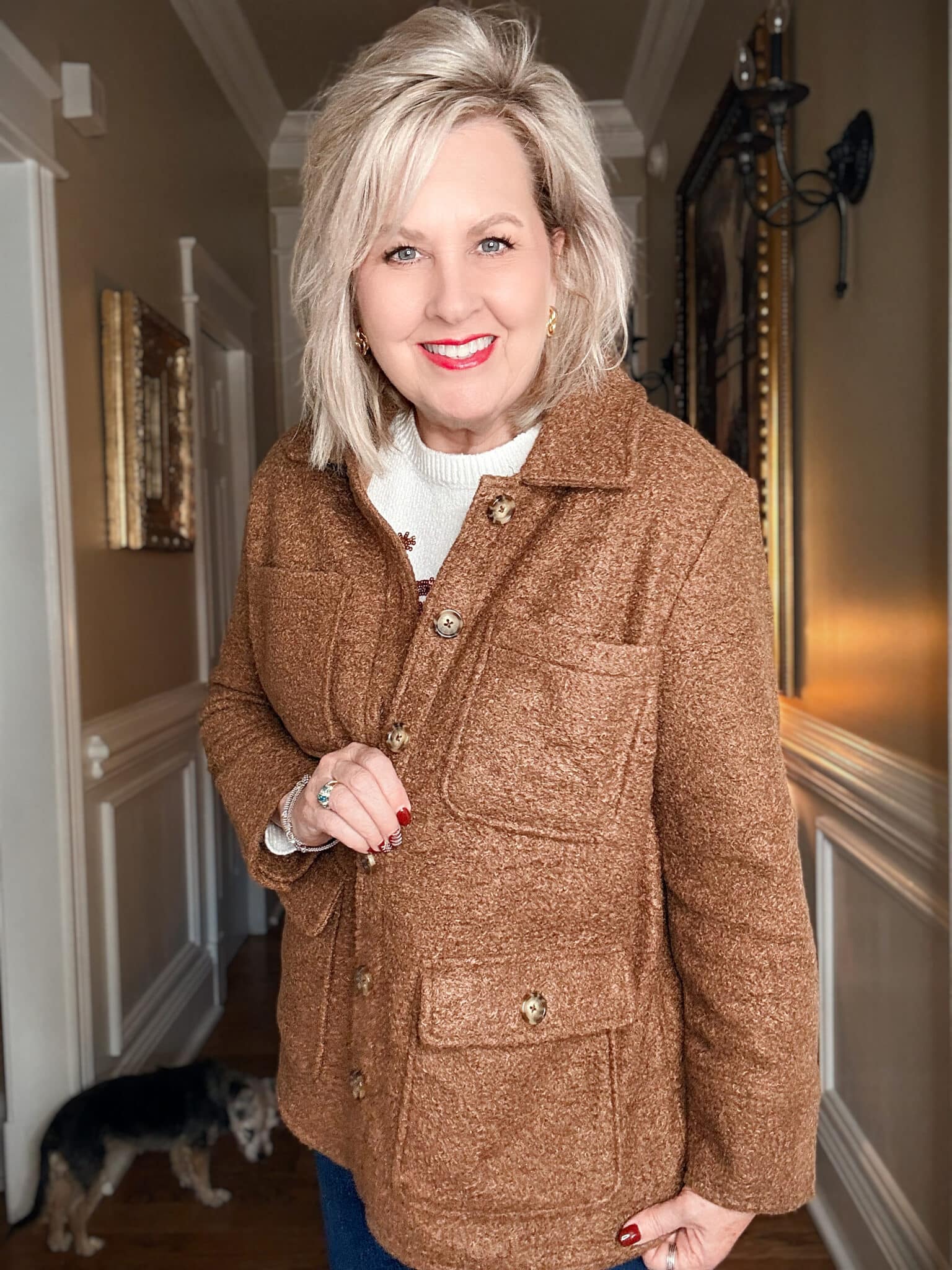 Tania wearing a brown boucle coat from Walmart