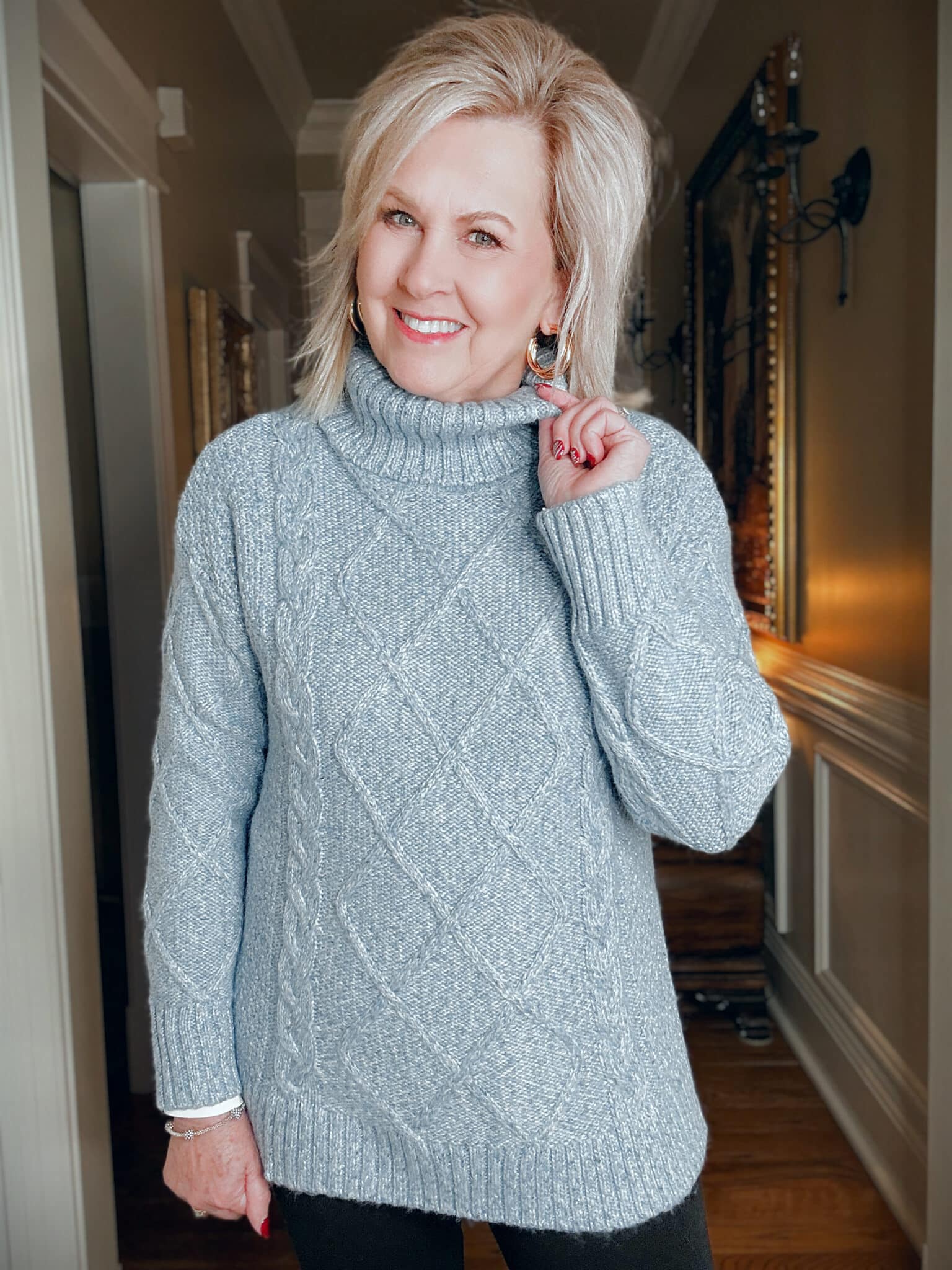 Tania wearing a icy blue cable knit cowl neck sweater from Kohl's