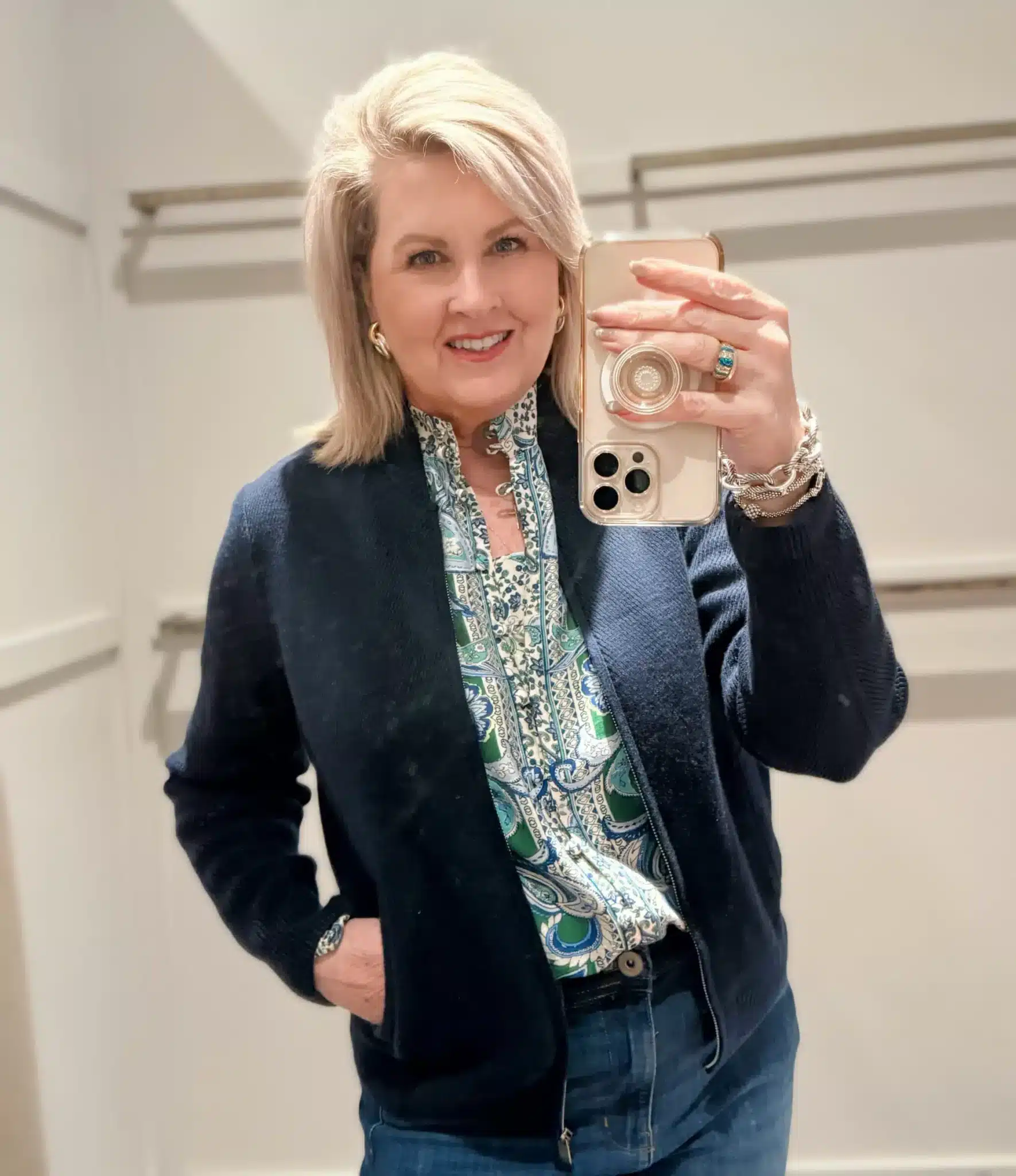 Tania showing the right way to wear a busy pattern to still look slim