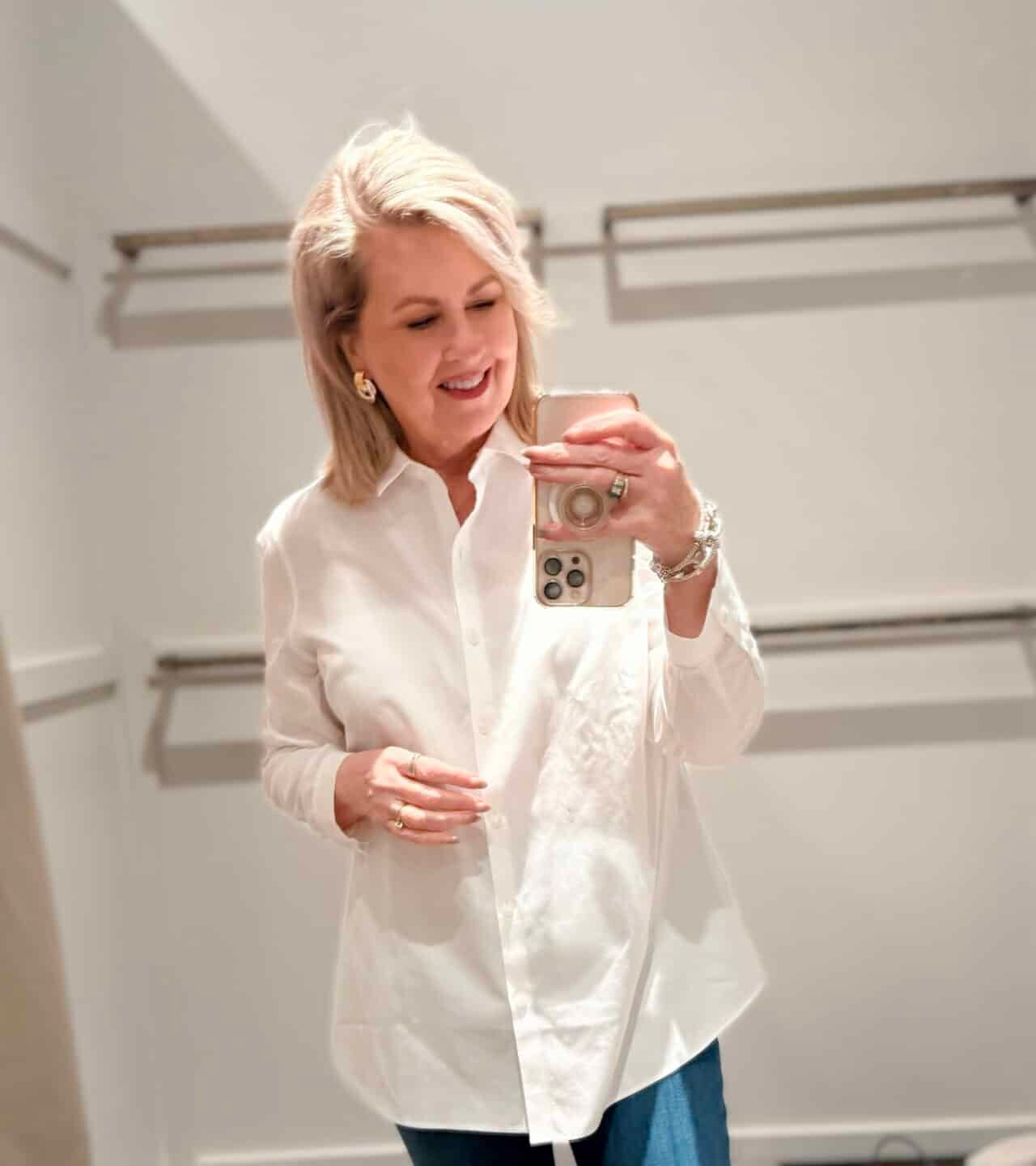 Tania wearing a white button tunic top from J.Jill