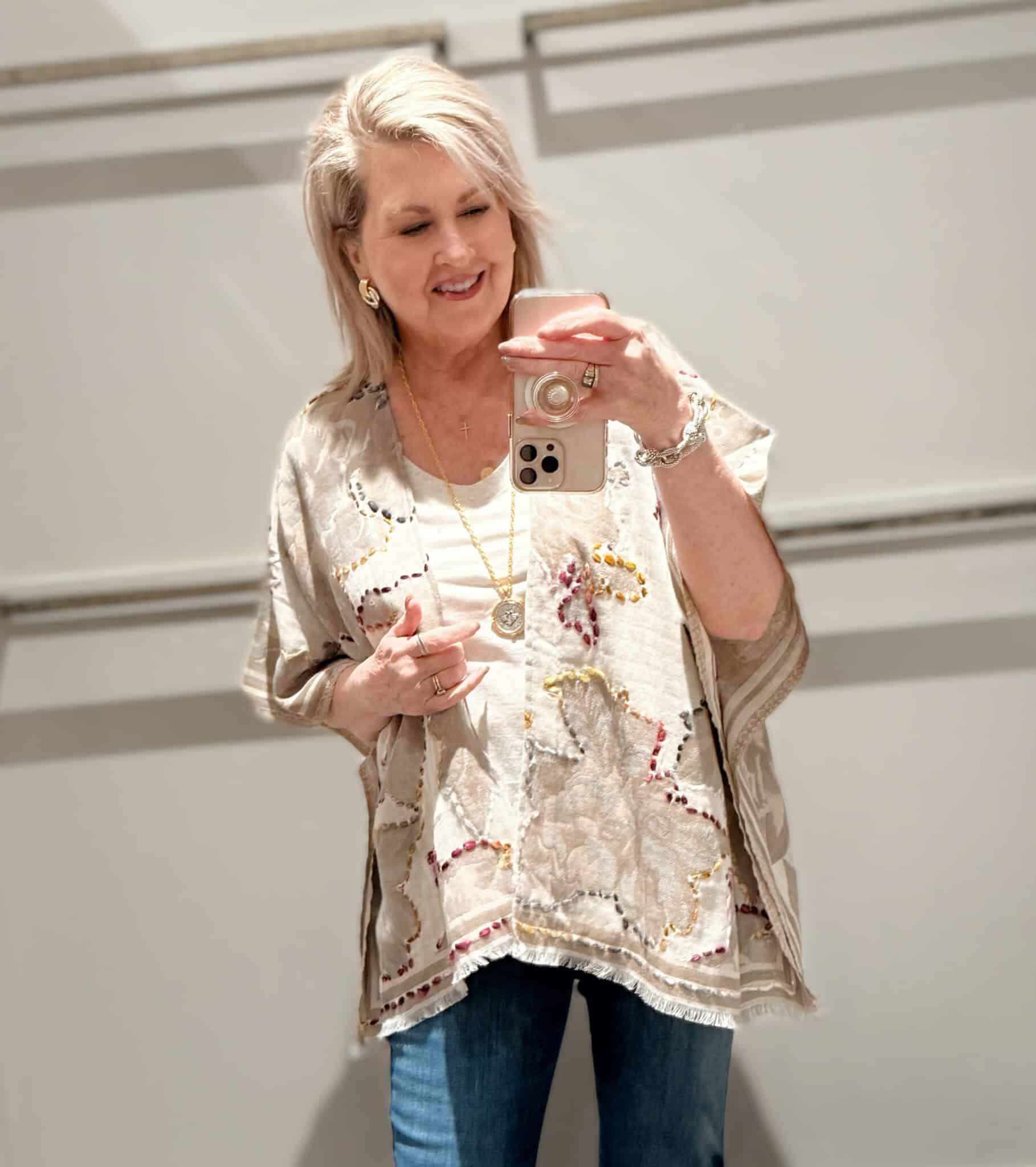 Tania wearing a embroidered ruana from J.Jill