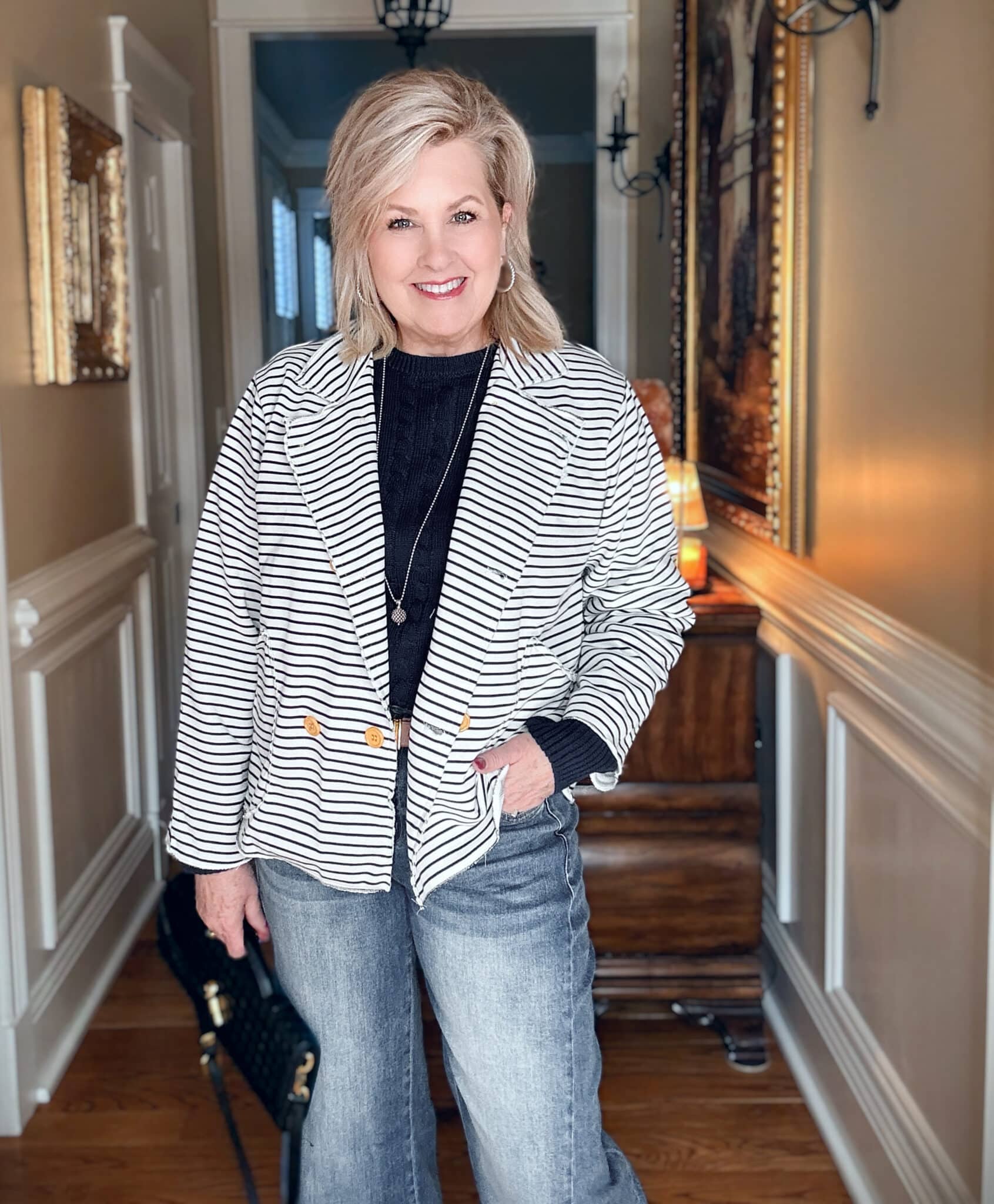 Tania wearing a cropped striped double breasted peacoat