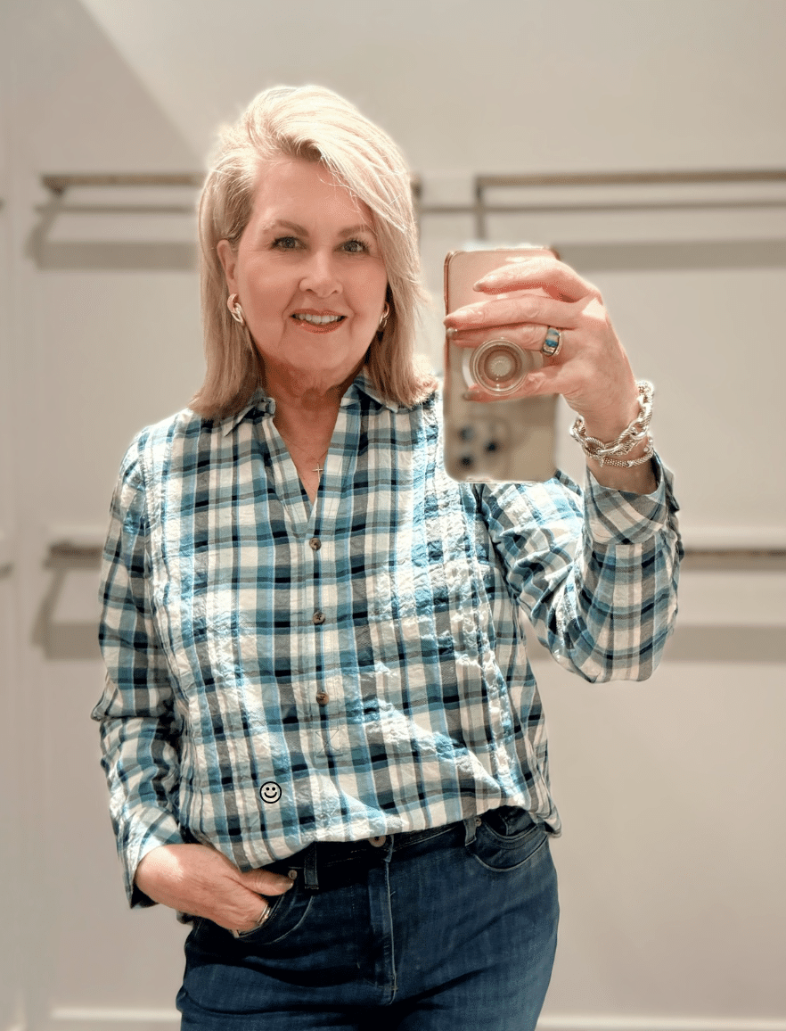 Tania wearing a textured checked top from J.Jill