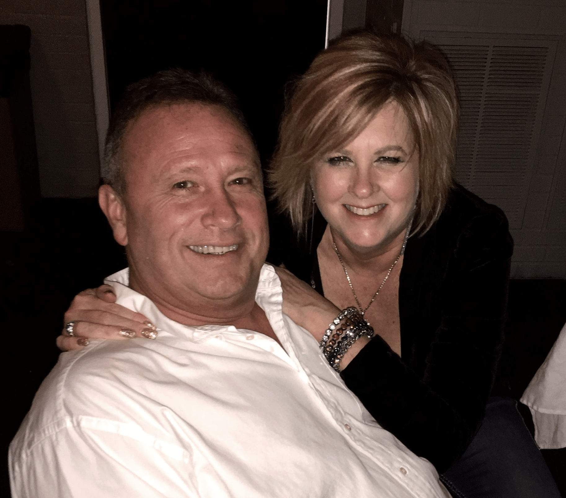 Joe and Tania at a Christmas party; bad lighting, bad makeup = bad photo