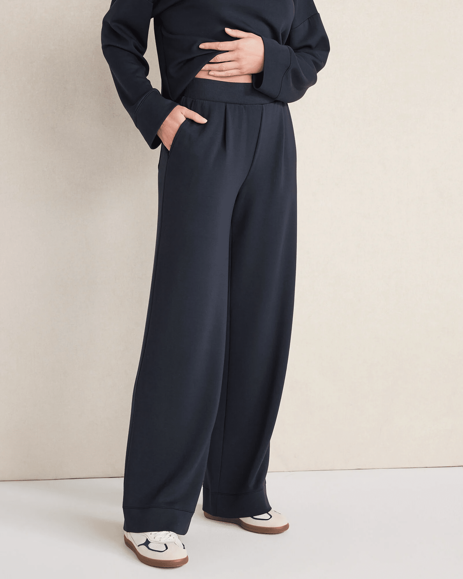 Polished Talbots soft knit wide leg pleated pants for travel or work.