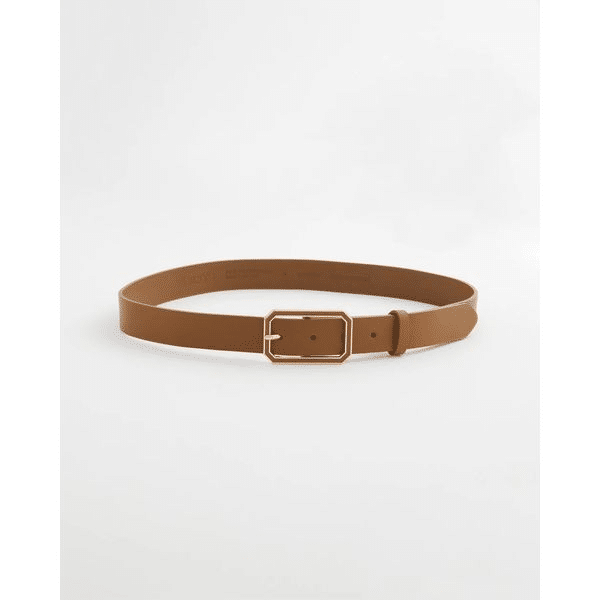 Cognac brown belt with a gold enamel buckle