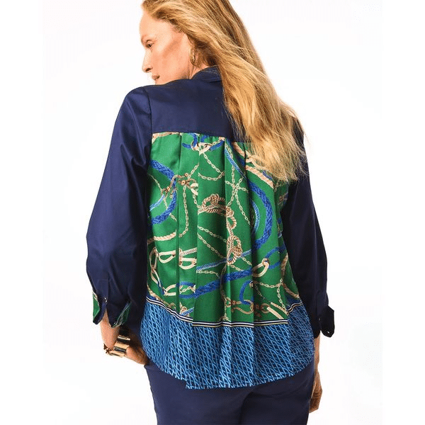 Back view of a navy and green button-up shirt with chain and rope print detail and color block panels.