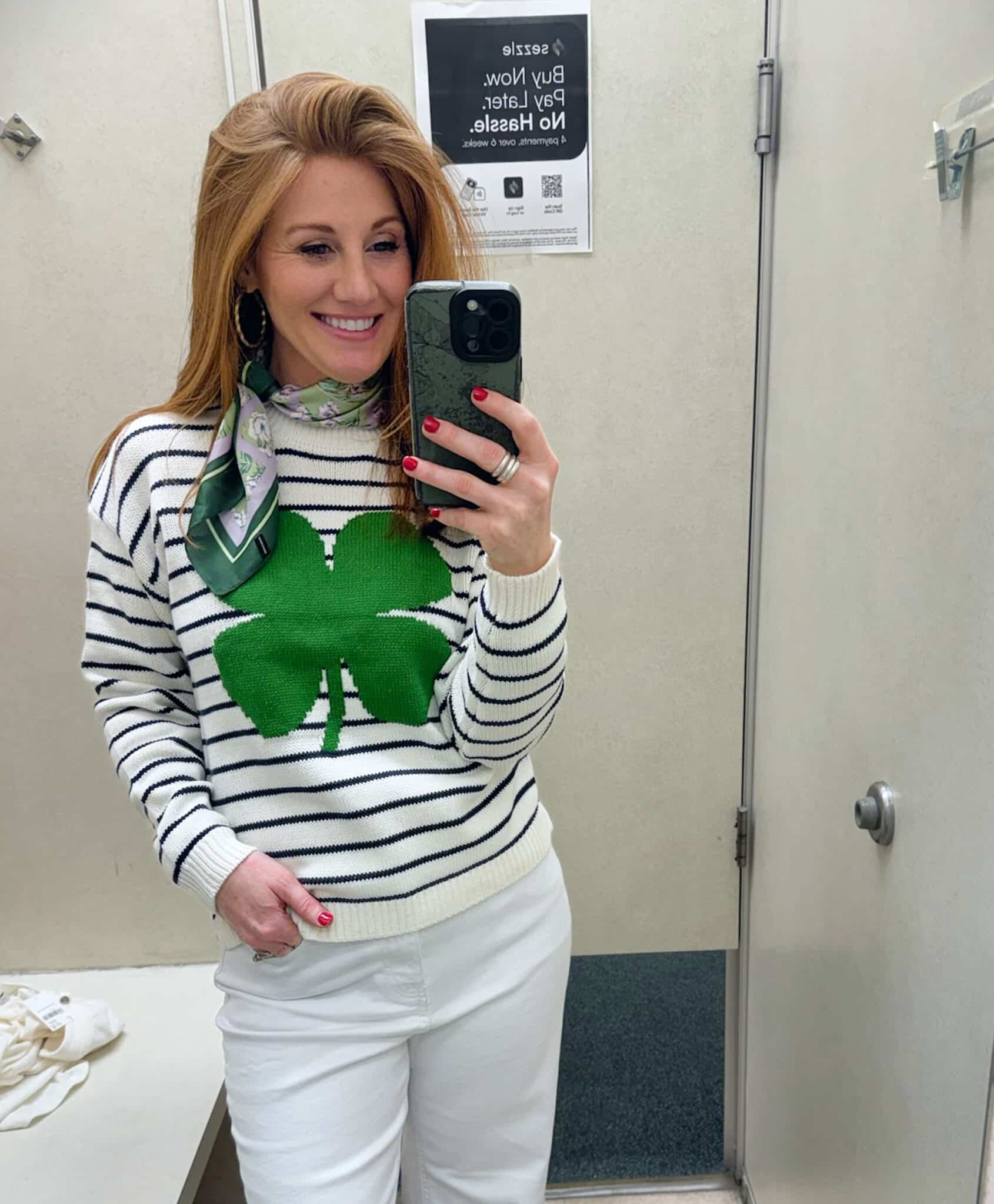 Stephanie wearing a shamrock sweater