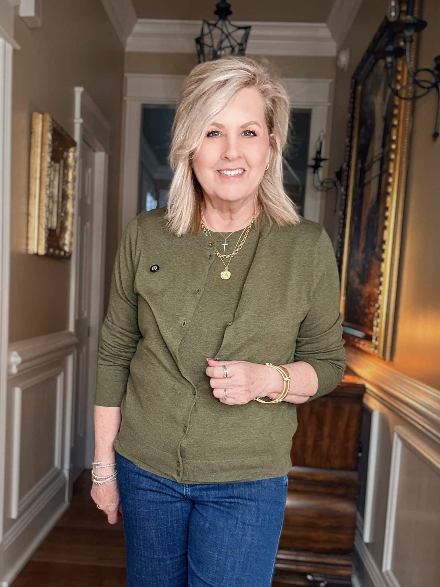 Tania wearing an olive shell and cardigan from J.Crew Factory