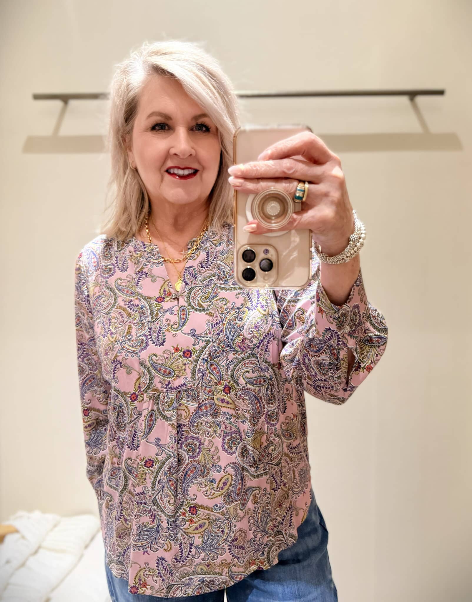 Tania wearing a paisley print top from J.Jill