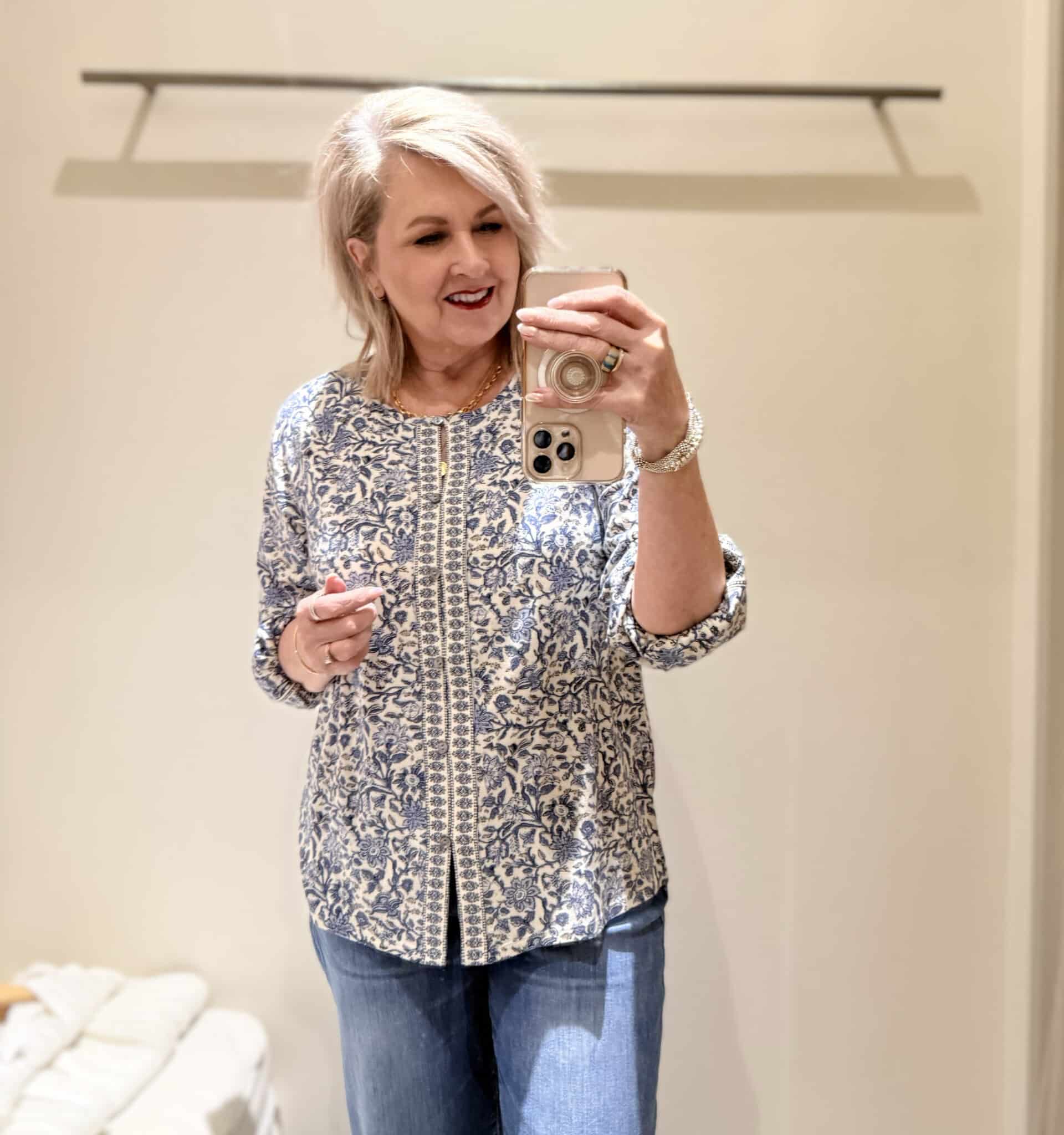 Tania wearing a floral print top from J.Jill