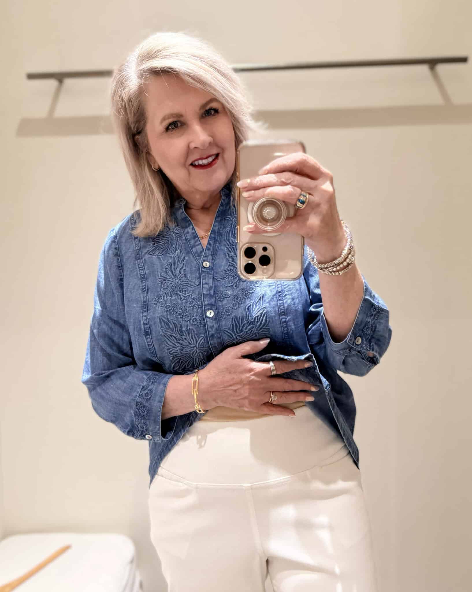 Tania wearing white pull on pants from J.Jill