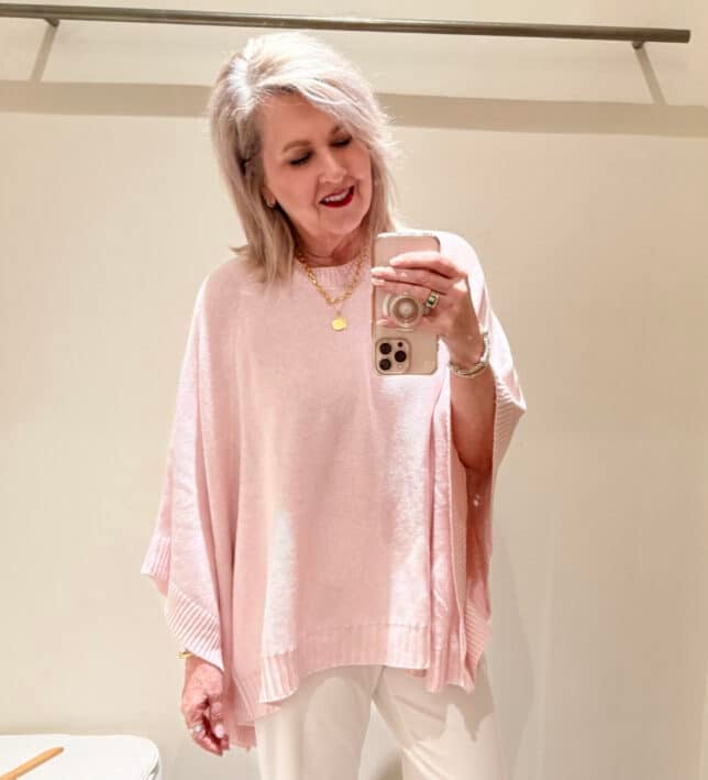 Tania wearing a pale pink poncho from J.Jill