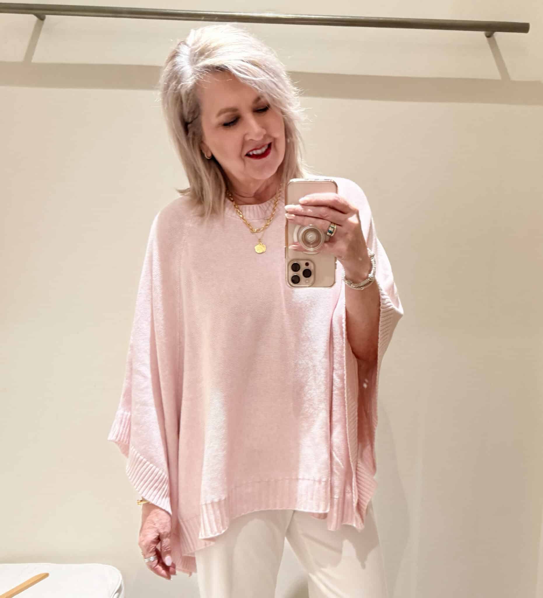 Tania wearing a pale pink poncho from J.Jill