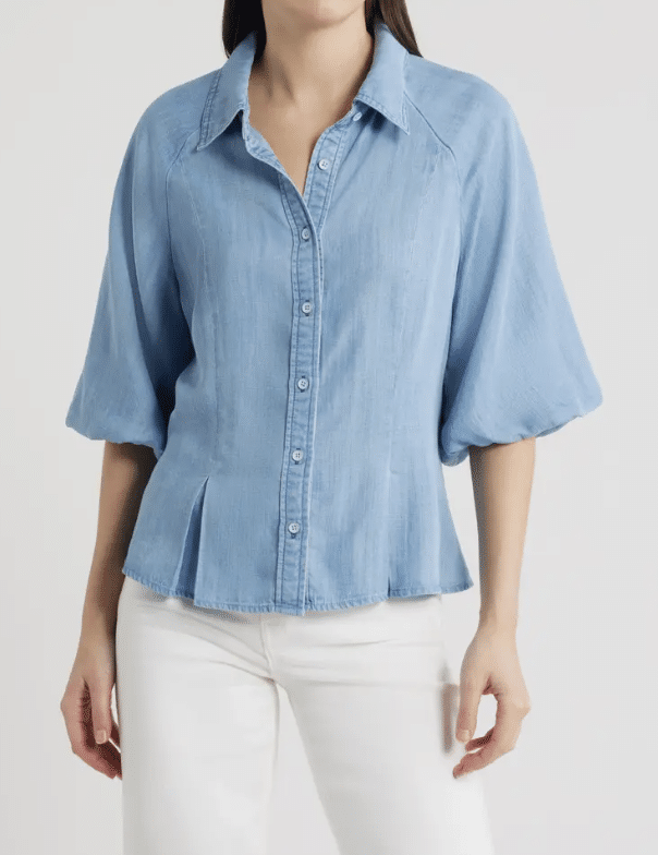 Wit & Wisdom Bubble Sleeve Flare Button-Up Chambray Top from Nordstrom's New Arrivals collection.