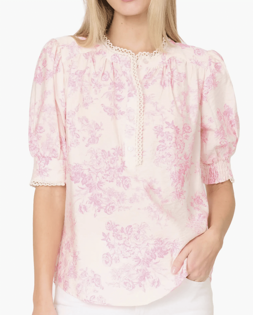 Lightweight puff sleeve top with soft lace trim and relaxed fit