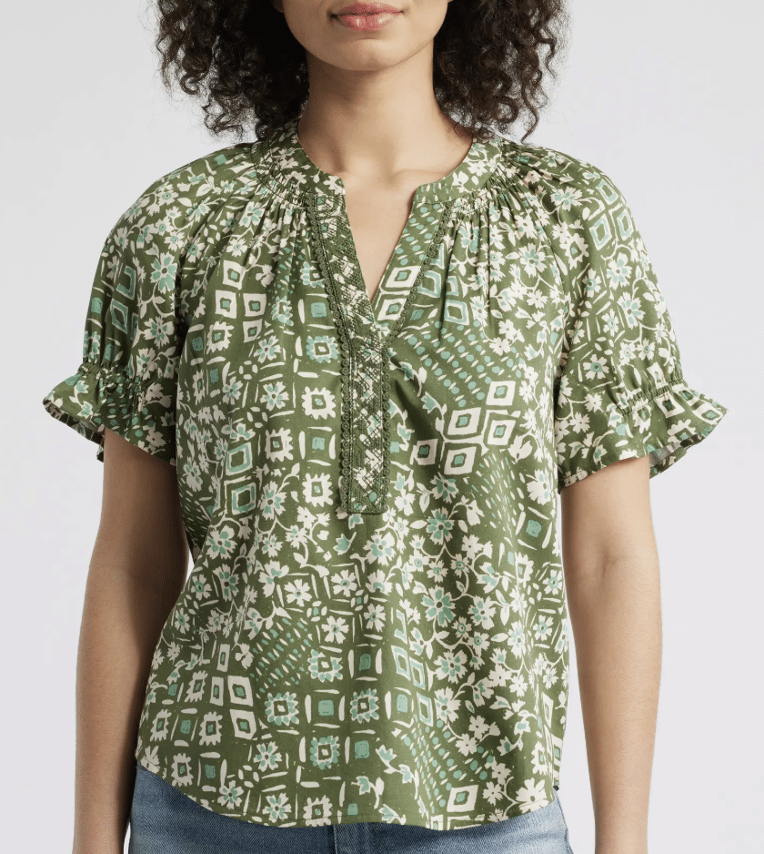 Printed puff sleeve top with flowy fabric and easy pull-on fit