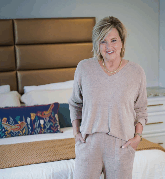 Tania wearing Barefoot Dreams pajamas