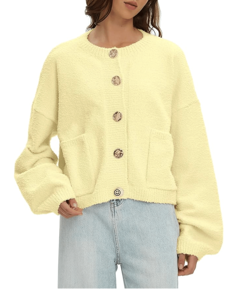 Fuzzy knit button-up cardigan with structured, jacket-like feel