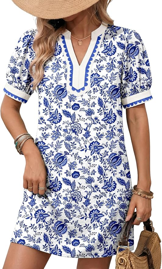 Floral Puff Short Sleeve V Neck Trim Casual Mini Dress Sundress, blue and white floral amazon dress