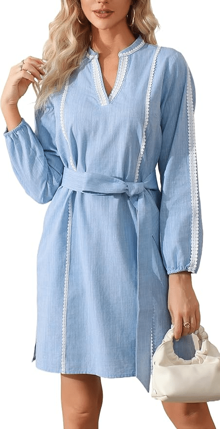Woman wearing cotton linen tunic dress with ric rac trim