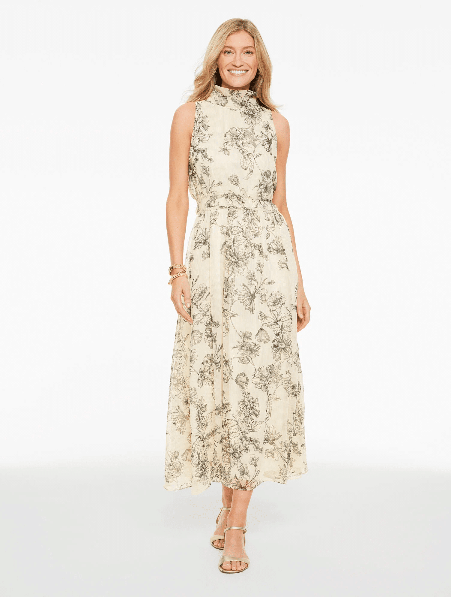 Talbots metallic fit-and-flare dress with shadow floral print, elegant spring dress with subtle shimmer detail