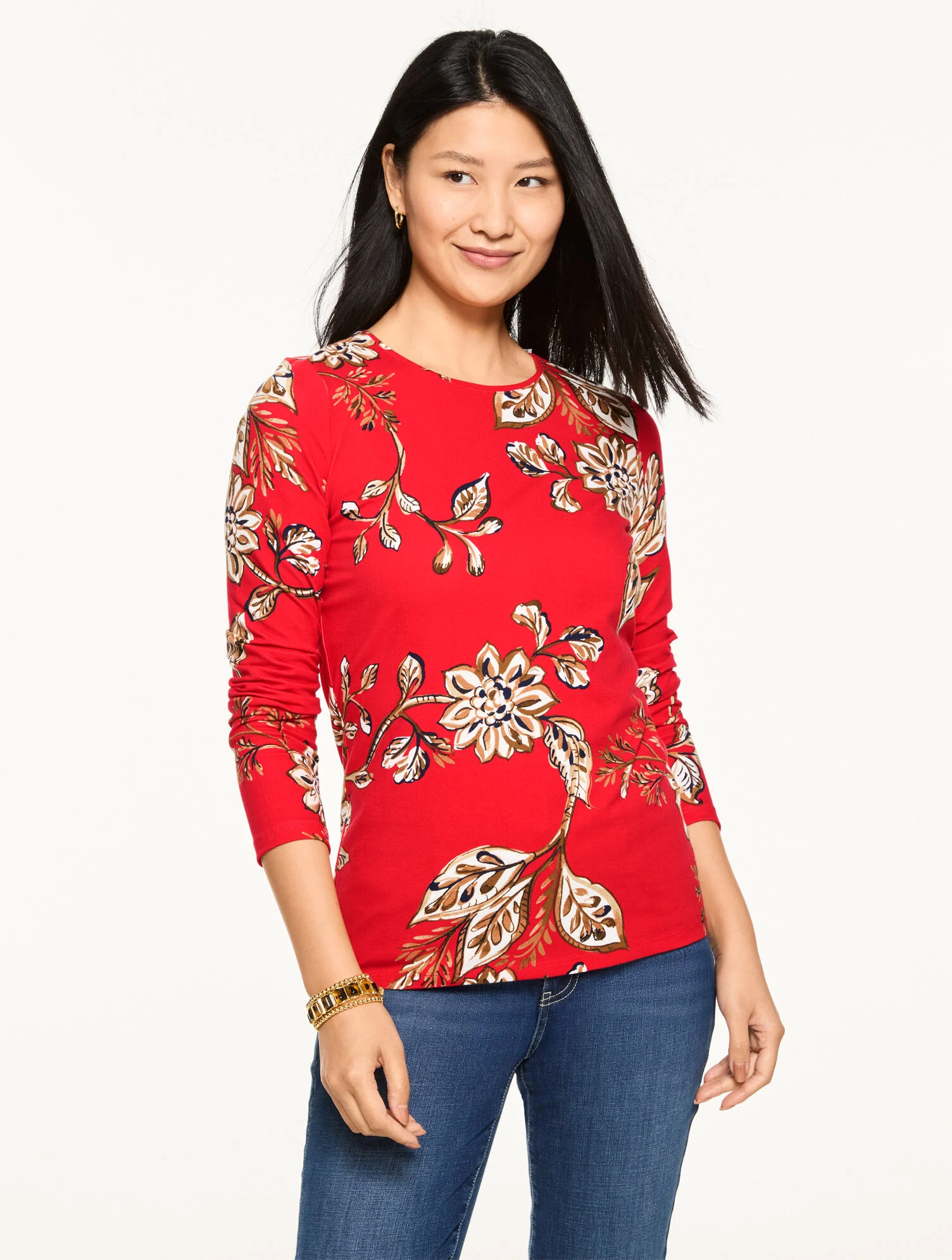 Talbots long sleeve crewneck tee in a symphony floral print, casual floral top perfect for layering