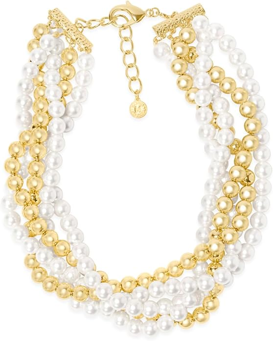Five Strand Pearl and Gold Ball Twisted Necklace