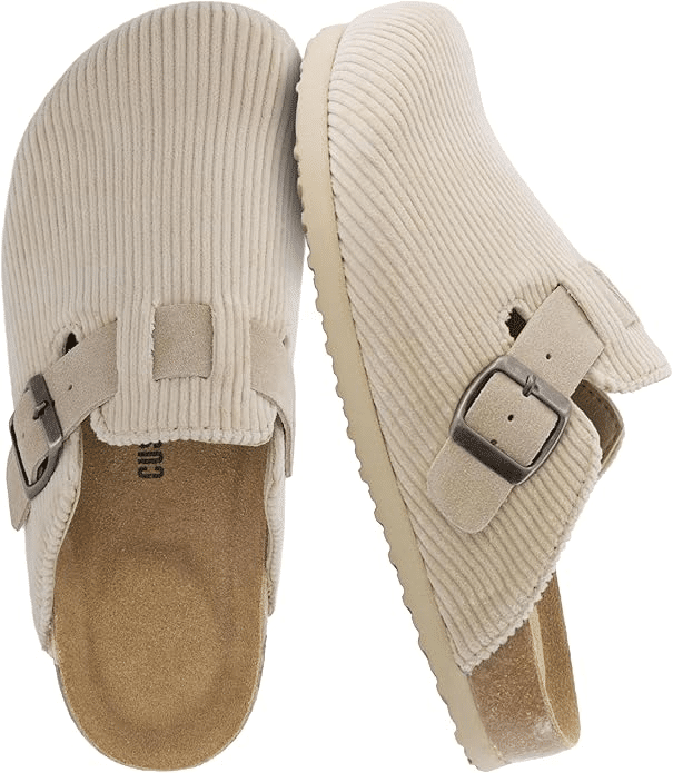 Slip-on cork footbed clogs with memory foam and arch support for standing or running quick errands
