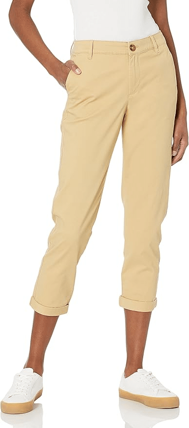 Cropped tapered khaki pants with stretch and slim fit for a polished lightweight spring or summer outfit