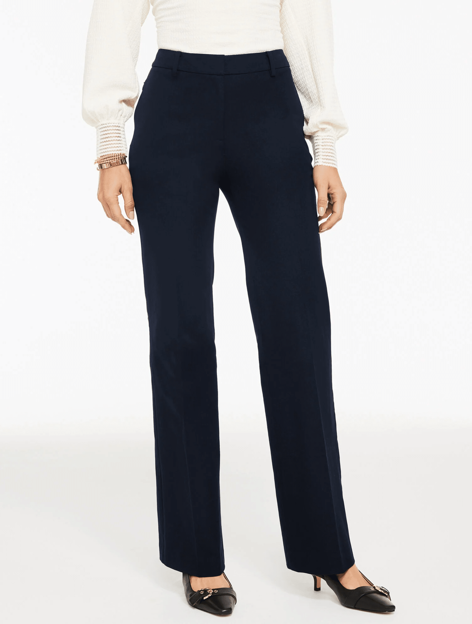 Relaxed bootcut cotton stretch pants with structured yet comfortable fit for a classic polished everyday look