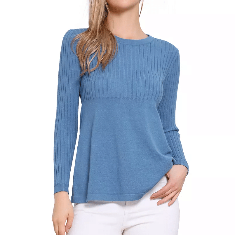 Cozy knit peplum sweater with long sleeves and slim pants for a flattering and comfortable everyday look
