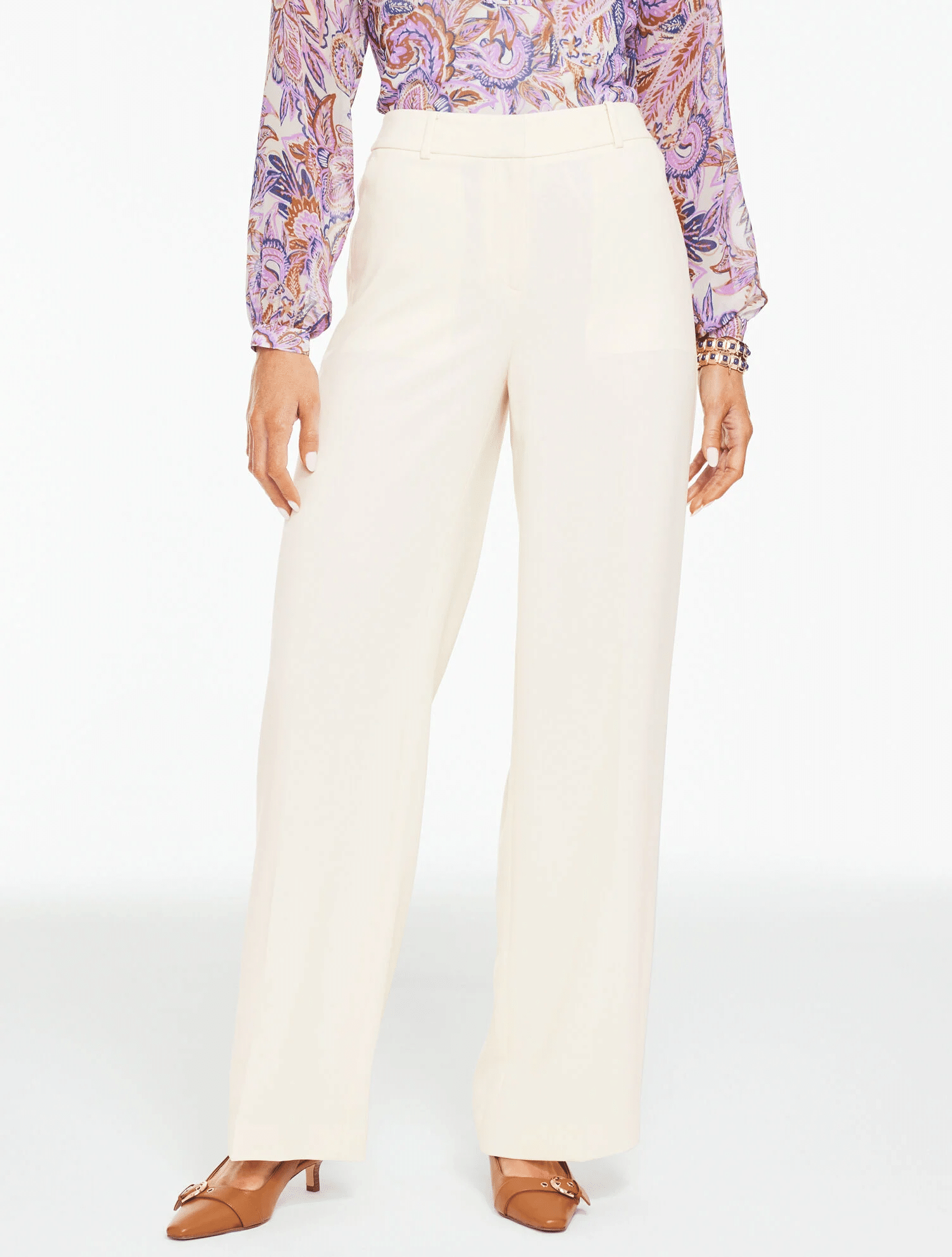 Ivory wide-leg crepe pants with drapey, polished silhouette