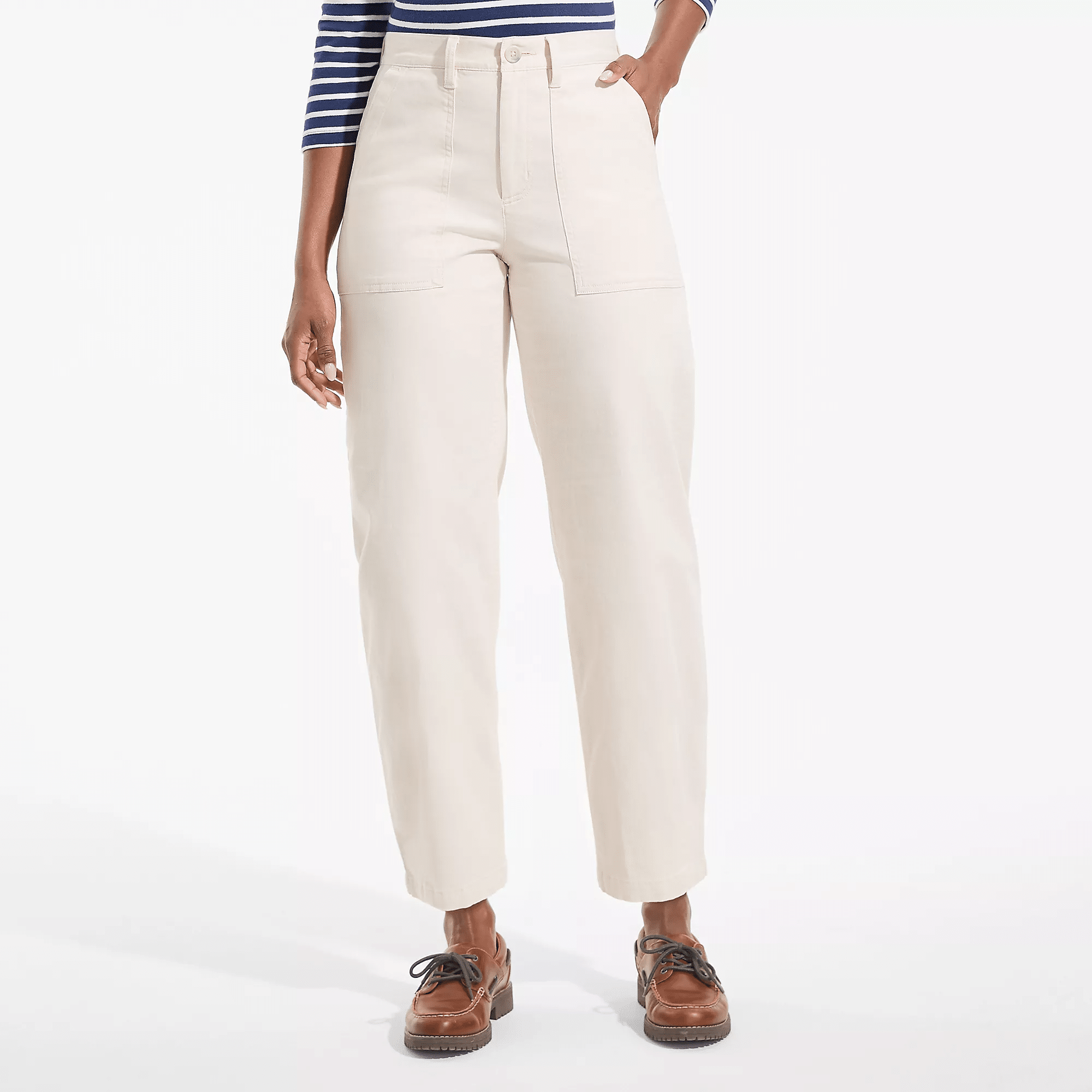 High-rise barrel-leg utility pants in ivory latte for casual wear