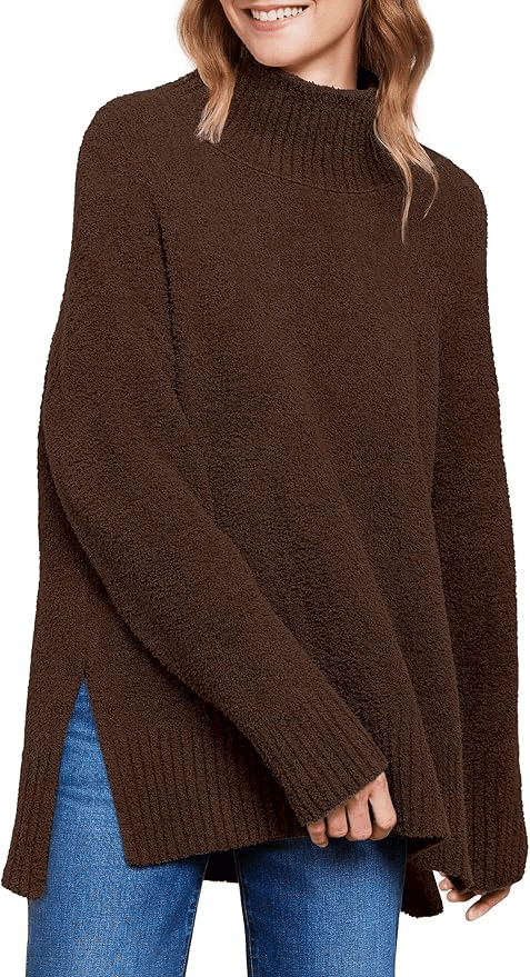 Oversized fuzzy turtleneck sweater with soft knit and side slits