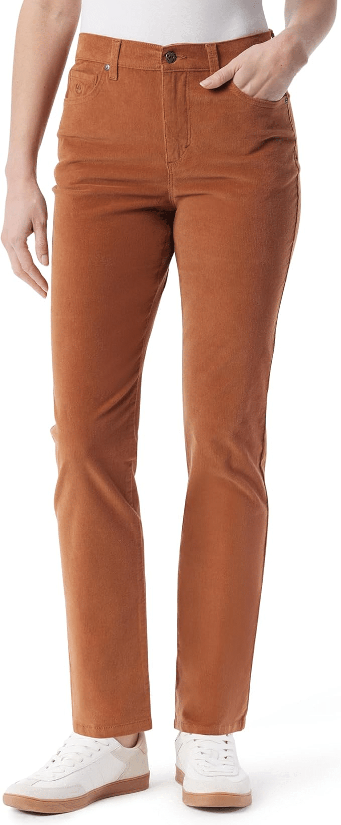 High-rise slim-leg corduroy pants for women over 50 in cooler weather