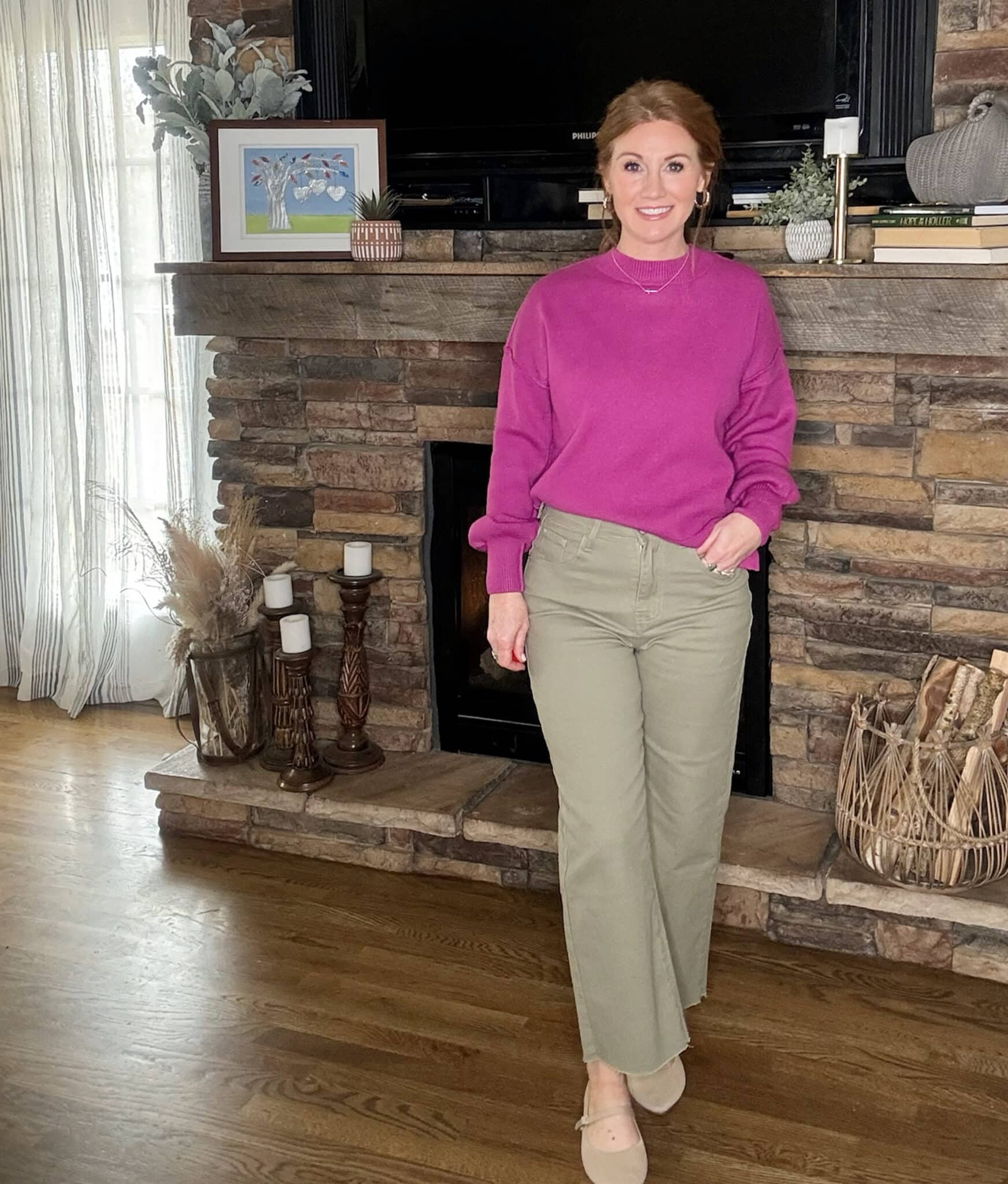 Bright pink sweater outfit styled with Amazon wide leg ankle jeans