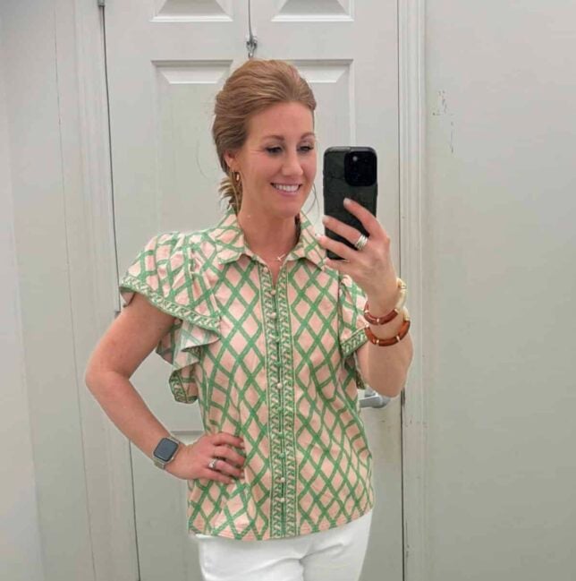 Stephanie wearing a pink and green plaid top from Belk