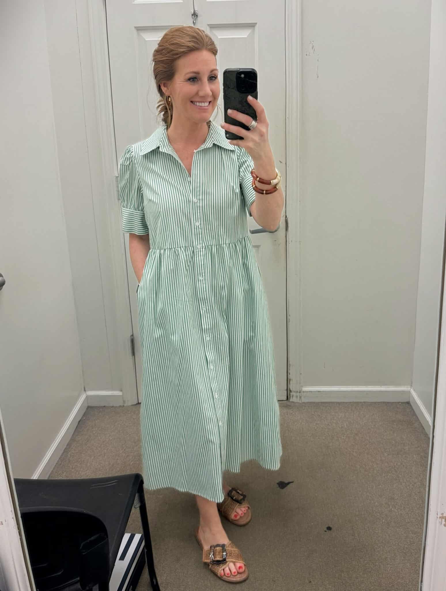 Stephanie (a petite lady) styling a Short Puff Sleeve green striped Poplin Shirt Dress and sandals from Belk