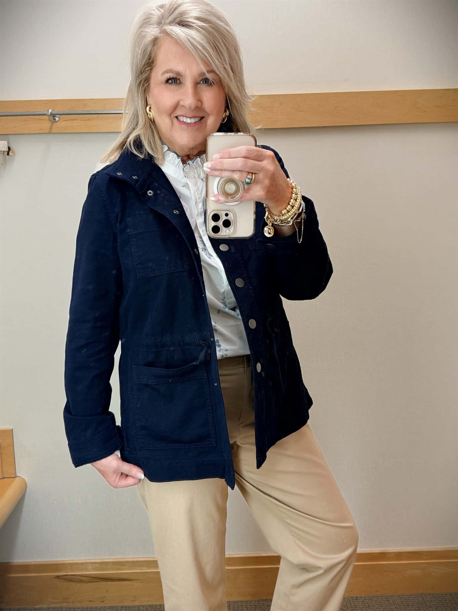 woman over 50 wearing twill utility jacket for spring from Talbots