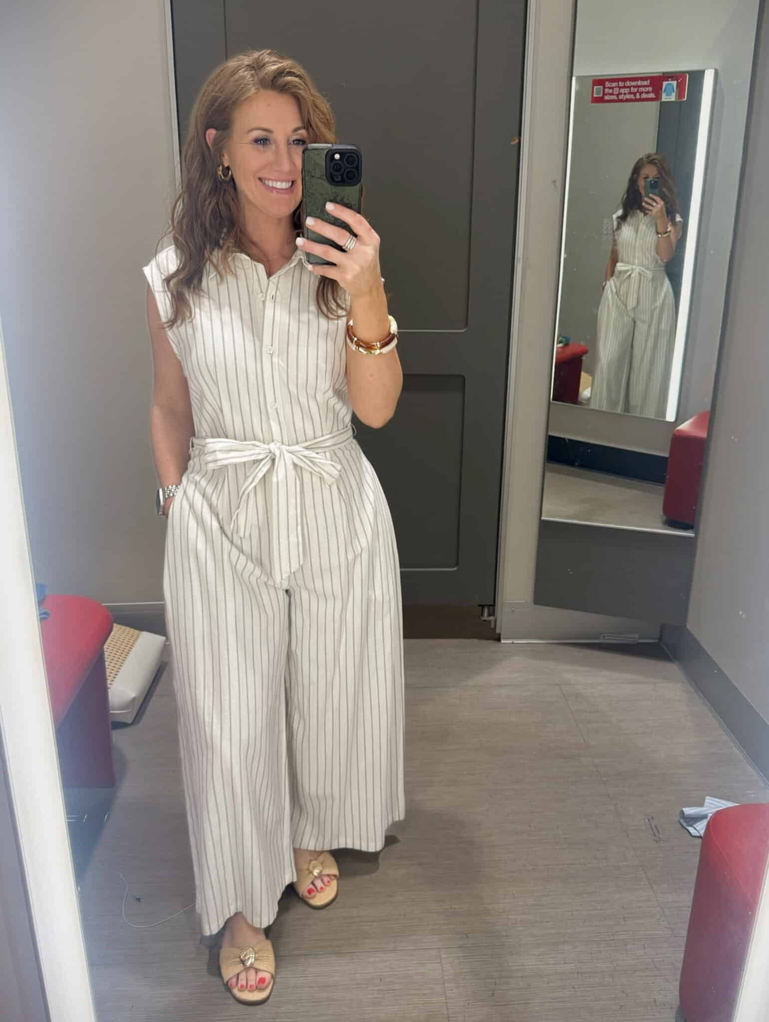 Stephanie wearing a striped jumpsuit from Target